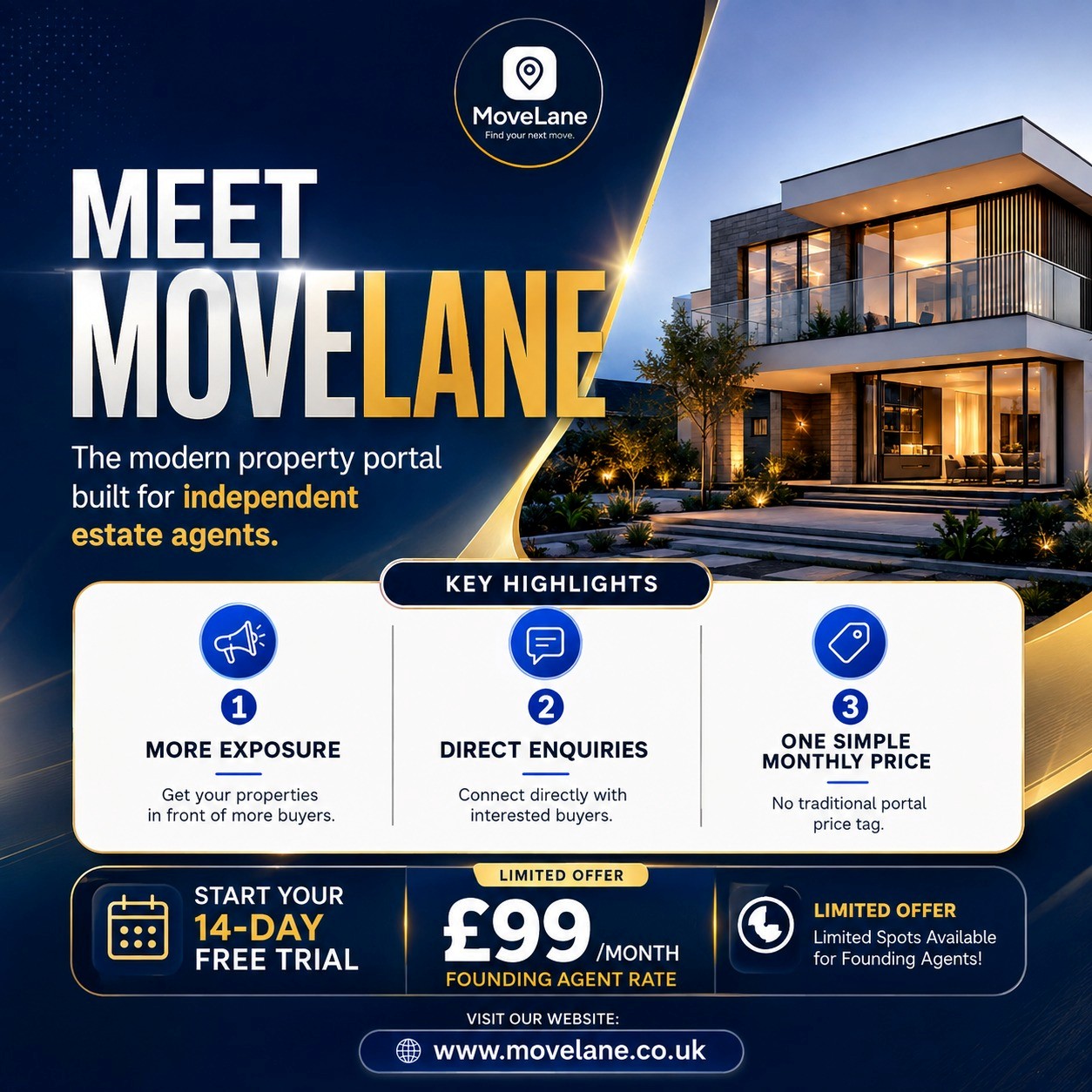 Meet MoveLane — the modern property portal built for independent estate agents. 14-day free trial, £99/month Founding Agent rate.